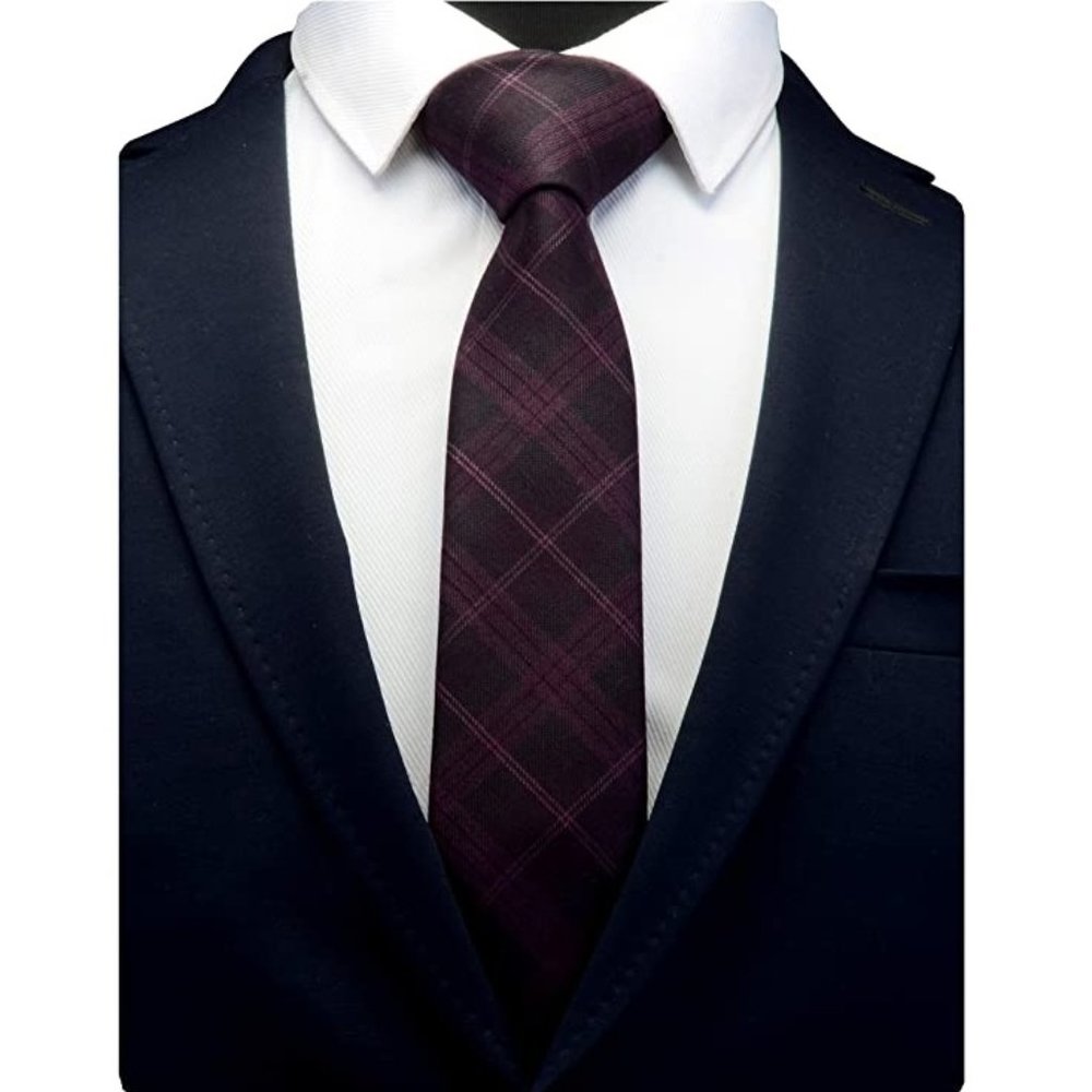 Magenta Necktie Tartan Woven TR Material Tie Mens Skinny Gift Event